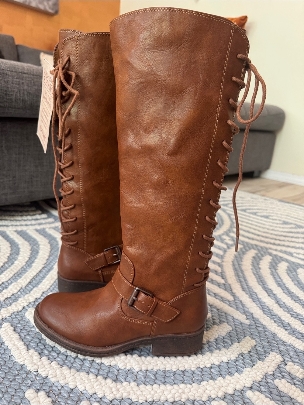 Eurosoft Selden Knee High Riding Boots Cognac Adjustable Lace Back Size 6M NWT